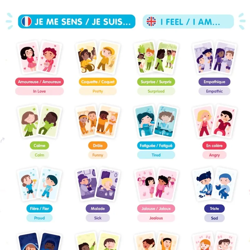 Jeu mémory sur les émotions exemples d'émotions garçon/fille anglais français