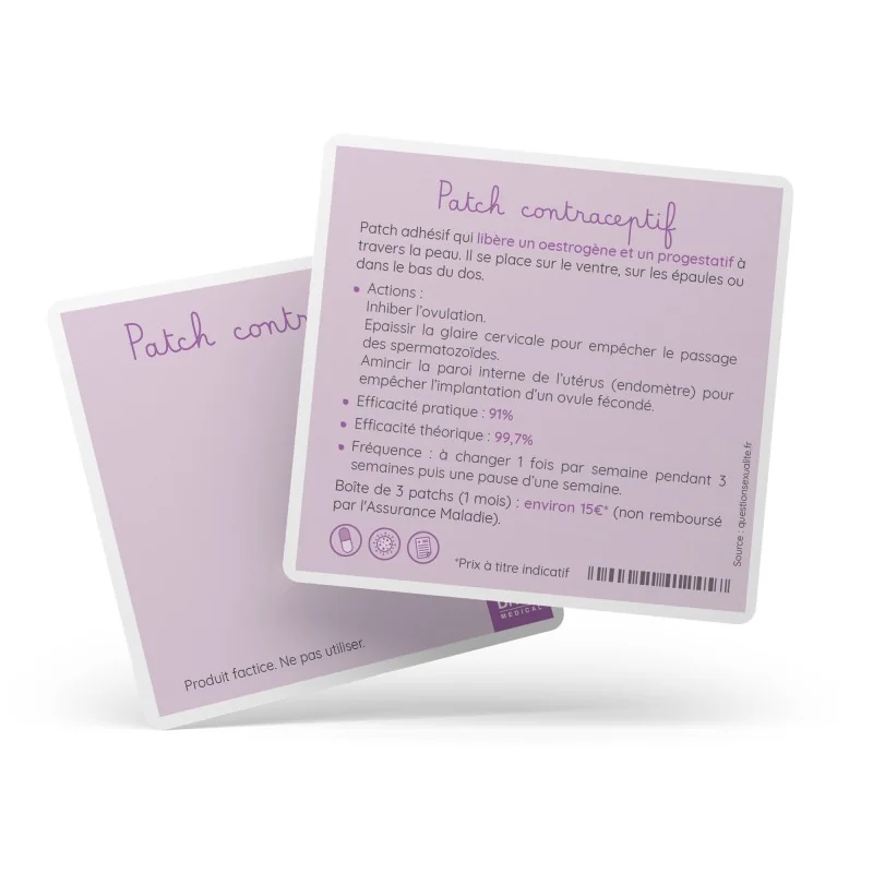 Patch contraceptif de démonstration avec carte explicative de la méthode