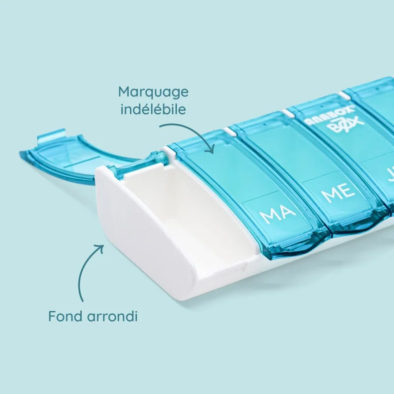Pilulier Box7 turquoise avec étui de protection