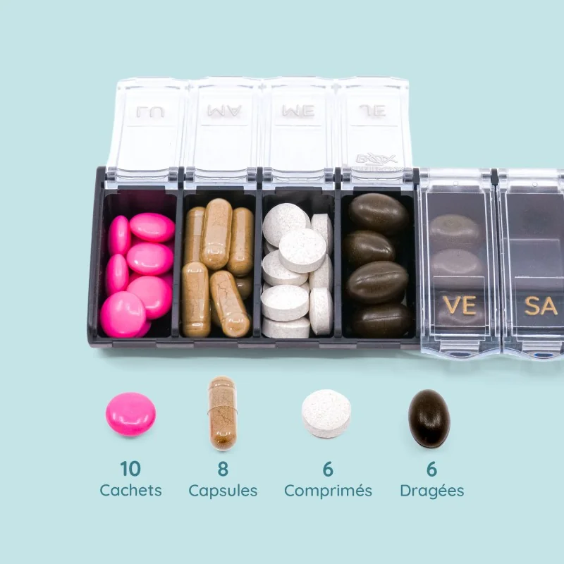 Pilulier Box7 noir avec étui de protection
