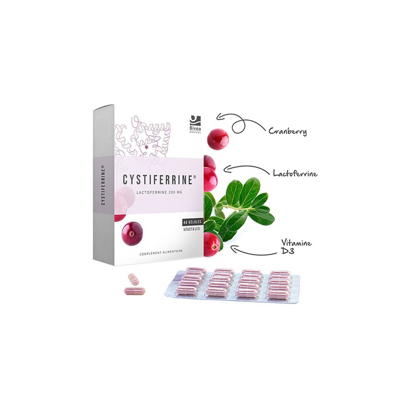 Boite de Cystiferrine 200mg de lactoferrine, cranberry et vitamine D3 pour le confort urinaire