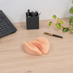 vulve mutilée en silicone sur bureau